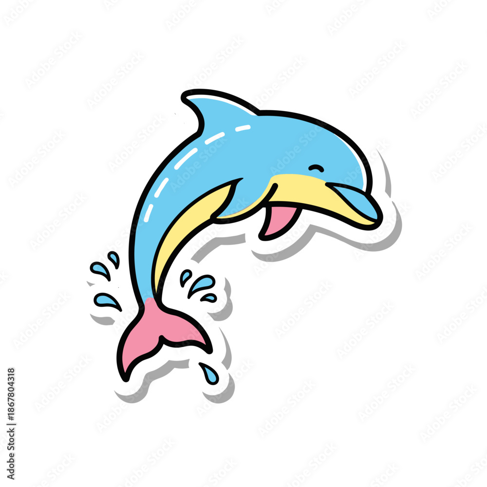Obraz premium Cute Cartoon Dolphin Jumping Out of Water Sticker Design.