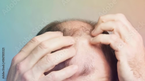 Man showing progressively receding hairline from hair loss and baldness progression on his head. Male pattern alopecia problem.