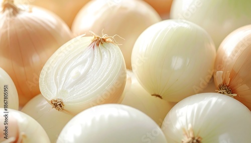 Close-up of peeled and whole onions showing layered textures in a realistic kitchen prep scene, highlighting freshness, natural detail, and everyday cooking ingredients.