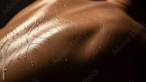 A glistening, tanned human back covered in sweat and water droplets, with dramatic lighting and dark background.