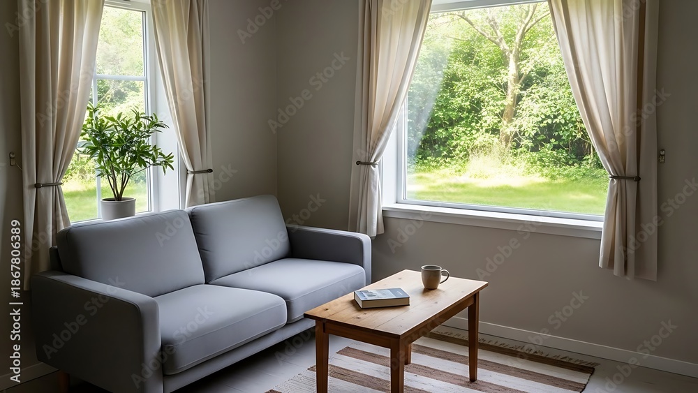 Fototapeta premium Cozy simple modest room with a sofa and a table by the window
