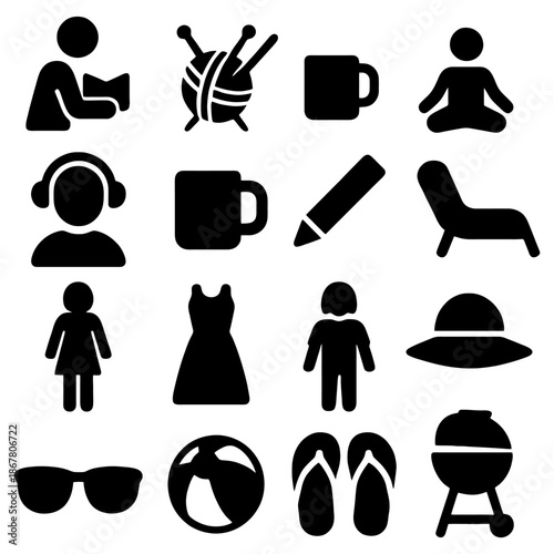 Iconic Leisure and Daily Life: A collection of concise, universal black icons depict everyday activities and objects related to various lifestyle elements.