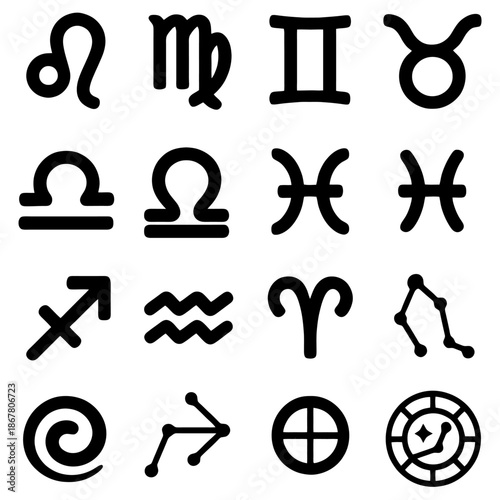 Celestial Zodiac Collection: A series of stylized zodiac symbols is artfully arranged. Each symbol embodies the essence of astrology and cosmic wisdom.