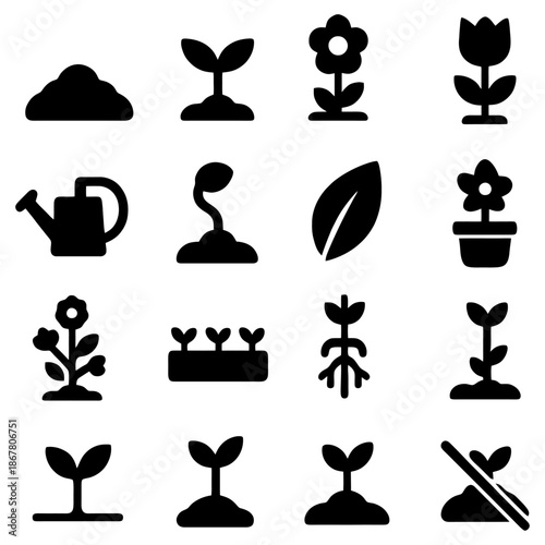 Botanical Growth Collection: A meticulously crafted collection of botanical icons representing stages of growth, from seedlings emerging to vibrant blooms, symbolizing the beauty of life.