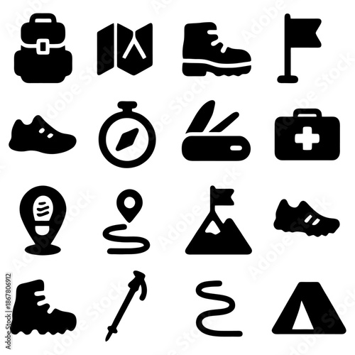 Adventure Essentials Icon Set: A comprehensive collection of iconic symbols for outdoor adventures, guiding enthusiasts through maps, compasses, and essential tools.