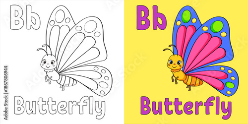 Animal Alphabet Letter B – Butterfly. Cute ABC Educational Illustration for Kids, Printable Vector