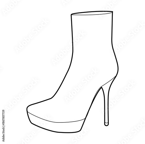 Platform stiletto heel boot women single line pair. Bold platform with pointed heel cold weather, modern aesthetic. Technical fashion illustration CAD mockup vector men unisex isolated classic style