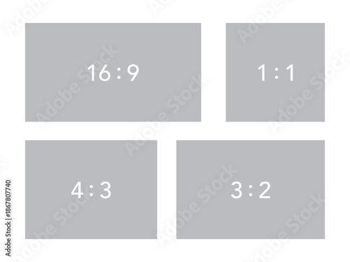 様々な比率のグレーの四角形のベクター素材。SNSの画像投稿に適した比率のテンプレートのバリエーション。モックアップ用の画像素材