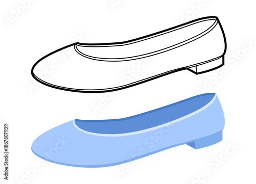 Blue ballet flat shoe women flat pair. Minimal round toe footwear for office commute weekend stroll. Technical fashion illustration CAD mockup soft vector man unisex isolated contemporary style.