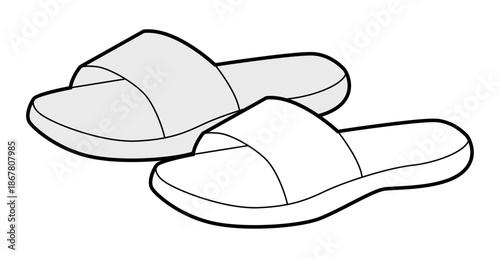 Slide sandal shoe women sketch pair. One strap open toe sandal for casual beach outfit. Technical fashion illustration CAD mockup vector man unisex isolated classic style.