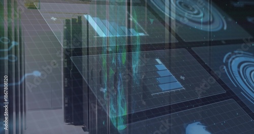 Displaying server racks in data center projecting holographic UI, waterfall data, LED lights