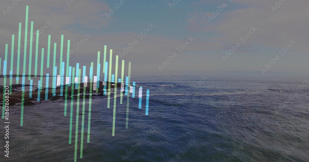Fototapeta premium Hovering translucent vertical bars floating over open sea near rocky outcrop, showing sea texture