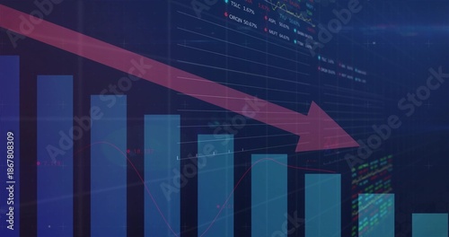 Photos Displaying vertical blue bar chart declining on trading screen, showing large re