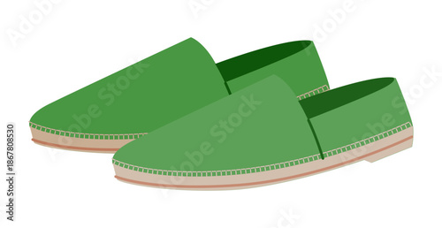 Green espadrille flat shoe women flat pair. Stitch detail canvas footwear for city walk beach vacation. Technical fashion illustration CAD mockup soft vector man unisex isolated contemporary style.