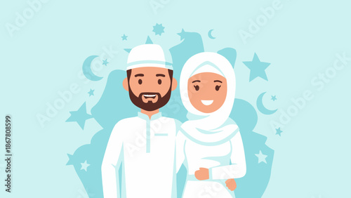 happy muslim couple in white clothes