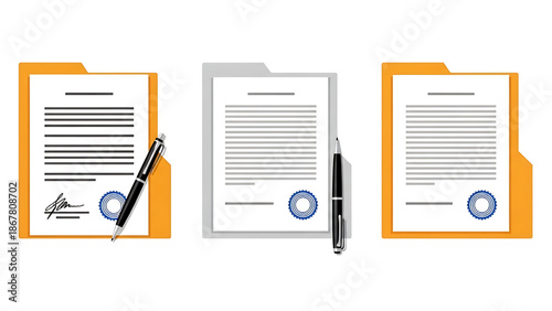 File folder with white leaf and sticky notes. Document case, paper case, notebook. Folder with documents. Documents with stamp and text. Contract papers.