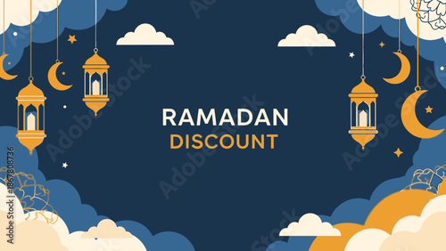 Ramadan discount background with lanterns and crescent moons