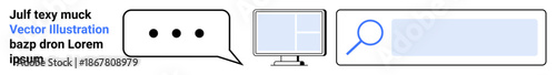 Online communication, digital search, data exploration, user interface design, content creation, workspace tools. Speech bubble, desktop screen search bar graphic. Online communication and digital