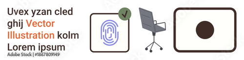 Biometric security, office workspace, identity authentication, digital design, technology, abstract concepts. Fingerprint, office chair and circular symbol on a white background. Biometric security