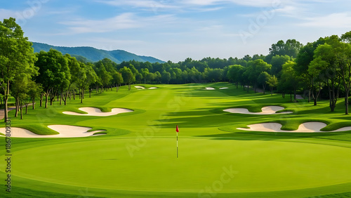 Golf course landscape, lush green fairway, sand bunkers, mature trees, rolling hills, clear blue sky, serene atmosphere, manicured grass, summer day, golf hole view, panoramic scene