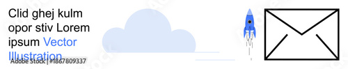 Digital communication, email marketing, cloud computing, message delivery, innovation, startup concept. Rocket flying near cloud and envelope. Email marketing and message delivery