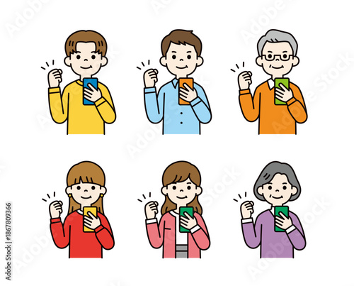 スマホを持ってガッツポーズをする、様々な年齢の人々のベクターイラスト素材セット＿カラー