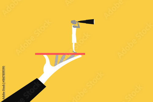 Business visionary, looking for career opportunity,  leadership, business direction or discovery concept, Business woman with telescope on giant hand empower her to see future
