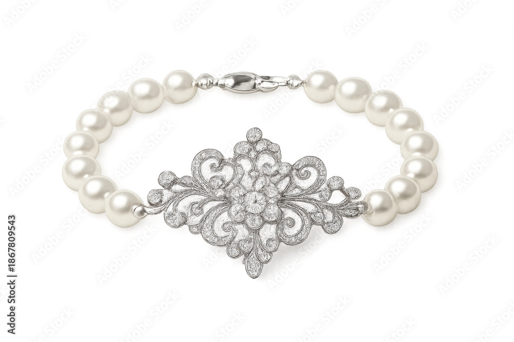 Obraz premium Elegant pearl bracelet featuring silver and diamond ornamentation
