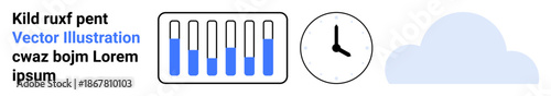 Progress bars with varying blue levels, analog clock, and cloud icon. Ideal for data tracking, weather analytics, time management, monitoring tools, dashboards, productivity apps simple landing page