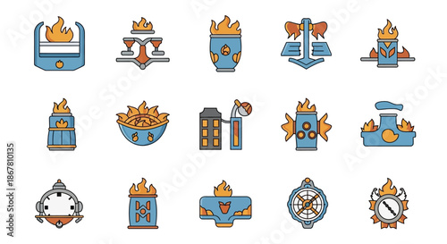 Collection of 16 industrial-themed icons with orange and blue hues on a white background