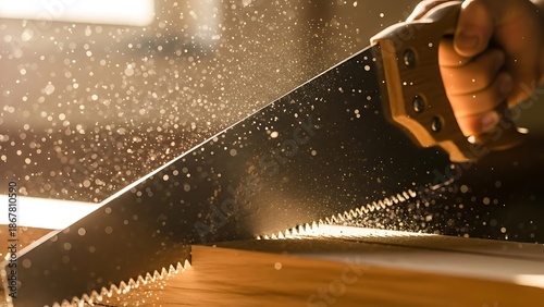 Hand saw cutting a piece of wood, illuminated by golden light dust