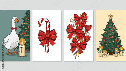 Festive christmas card set with cartoon goose christmas tree candy cane and bows