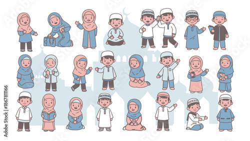 Diverse Muslim people characters in various professions and activities