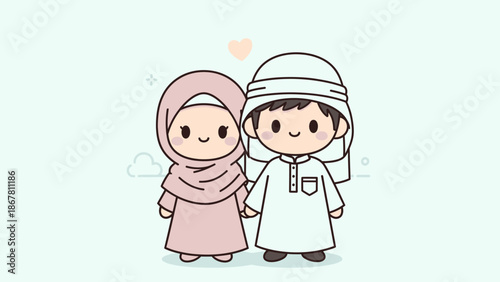 Cartoon muslim couple in traditional clothing