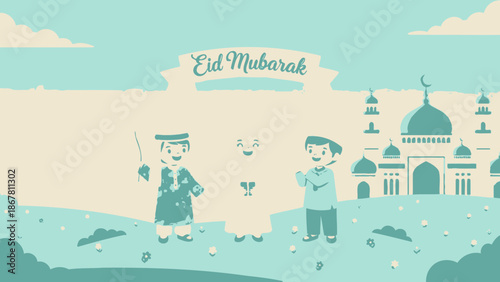 Eid Mubarak celebration with kids and mosque