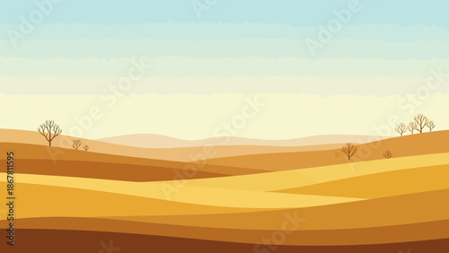 Serene desert landscape illustration with rolling dunes and minimalist trees