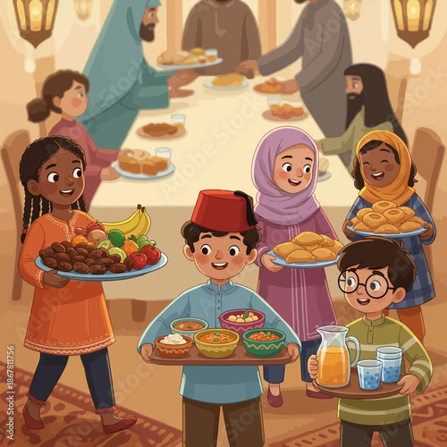 Diverse Family Gathering for Iftar Meal, Ramadan Celebration, Sharing Food