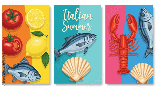 Set of three summer food illustrations with fresh seafood and fruits elements