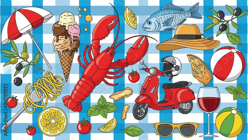 Summertime picnic illustration showcasing Italian cuisine and lifestyle elements
