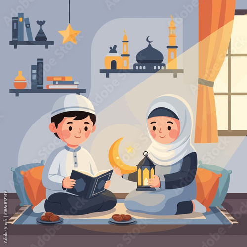 Ramadan kids reading Quran and holding lantern, Islamic culture illustration