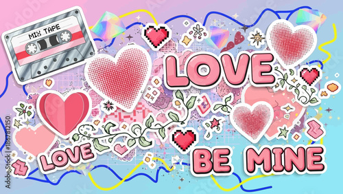 Valentine's Day themed collage with retro elements and love related decorations