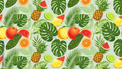 Vibrant tropical fruit and leaves pattern for summer design and backdrops