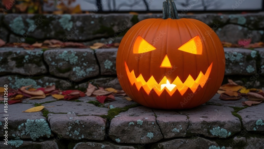 Obraz premium Glowing jack-o-lantern on stone steps with autumn leaves in a spooky outdoor setting.