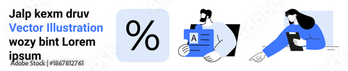 Business, education, teamwork, finance, data analysis, collaboration. Percentage symbol, document analysis and a person pointing at a screen. Business and education