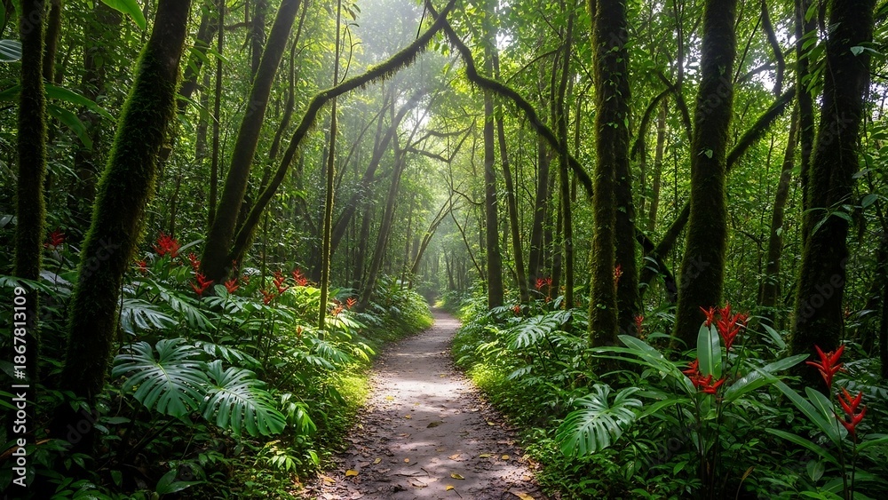 Fototapeta premium Serene forest path with lush greenery.