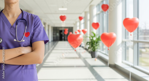 Valentines Day Healthcare Ad with Confident Nurse in Purple Scrubs and Red Heart Balloons Copy Space