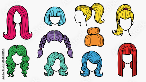 Collection of diverse cartoon hairstyles and hair colors for female characters