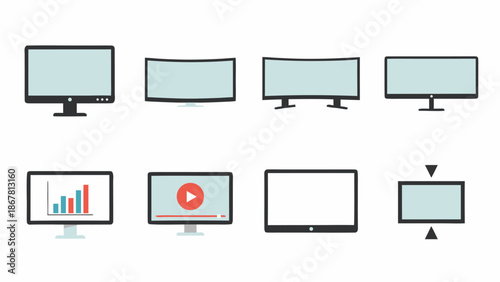 Collection of various computer monitor and screen icons with different designs and functions