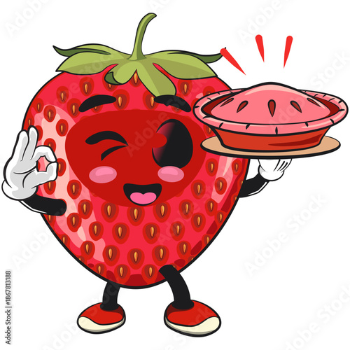 cute strawberry cartoon mascot character bring delicious pie vector illustration, work of hand drawn