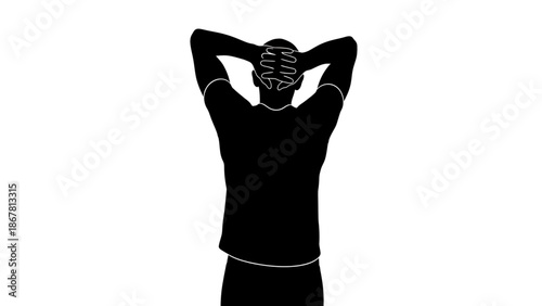 Black silhouette of a woman standing with her hands on her head in a relaxed pose